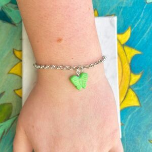 Green Butterfly Charm Silver Chain Bracelet
